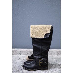 JustFab Fleece Topped Black Boots, Size 7.5